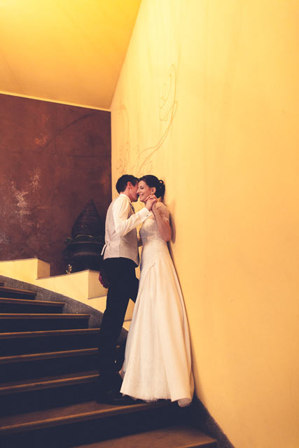 bride and groom portrait in the stairs of the Pavillon restaurant in Luxembourg
