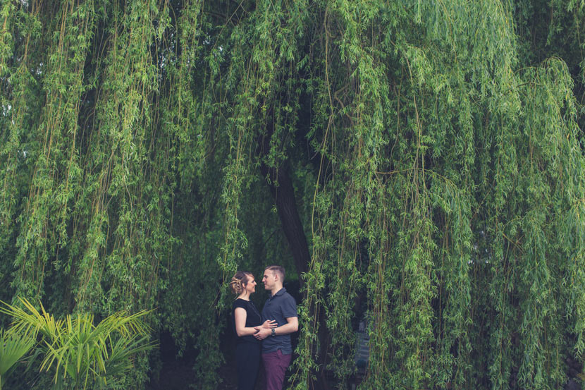 photo de couple sous un saule pleureur dans un jardin